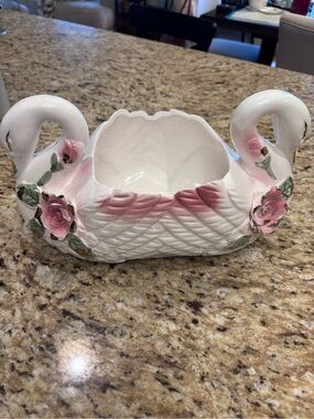 Porcelain Swan Planter with Pink Roses